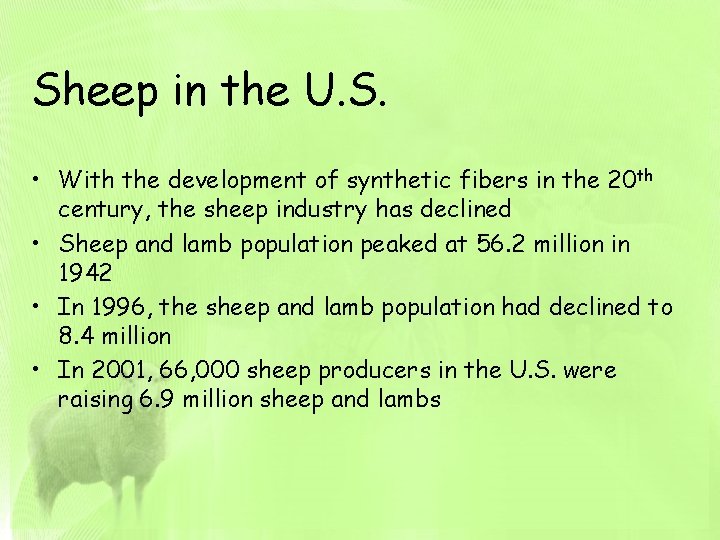 Sheep in the U. S. • With the development of synthetic fibers in the