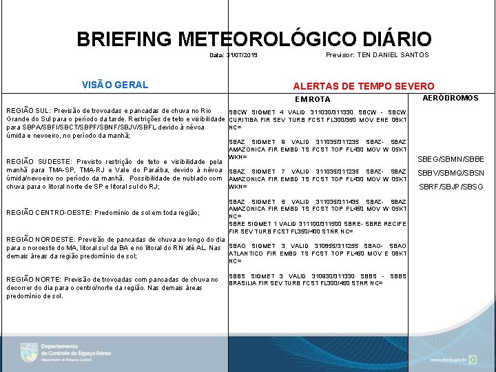 BRIEFING METEOROLÓGICO DIÁRIO Data: 31/07/2019 VISÃO GERAL Previsor: TEN DANIEL SANTOS ALERTAS DE TEMPO