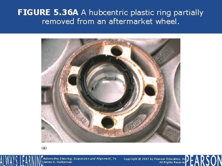 FIGURE 5. 36 A A hubcentric plastic ring partially removed from an aftermarket wheel.