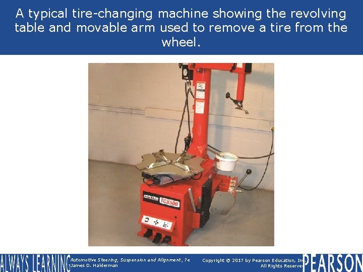 A typical tire-changing machine showing the revolving table and movable arm used to remove