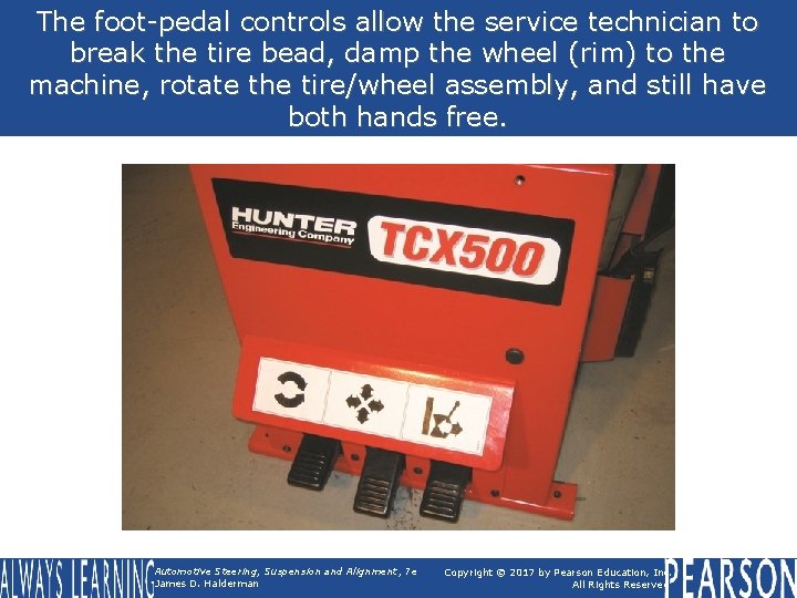 The foot-pedal controls allow the service technician to break the tire bead, damp the