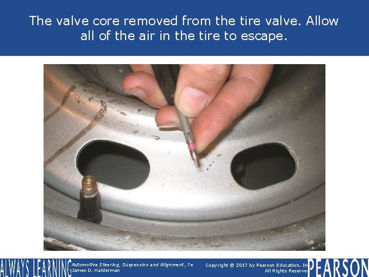 The valve core removed from the tire valve. Allow all of the air in