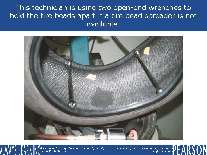 This technician is using two open-end wrenches to hold the tire beads apart if