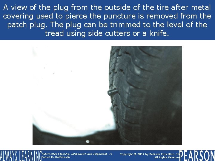 A view of the plug from the outside of the tire after metal covering