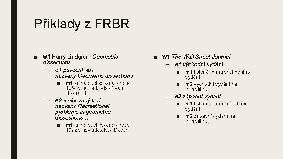 Příklady z FRBR ■ w 1 Harry Lindgren: Geometric dissections – e 1 původní