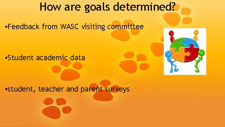 How are goals determined? • Feedback from WASC visiting committee • Student academic data