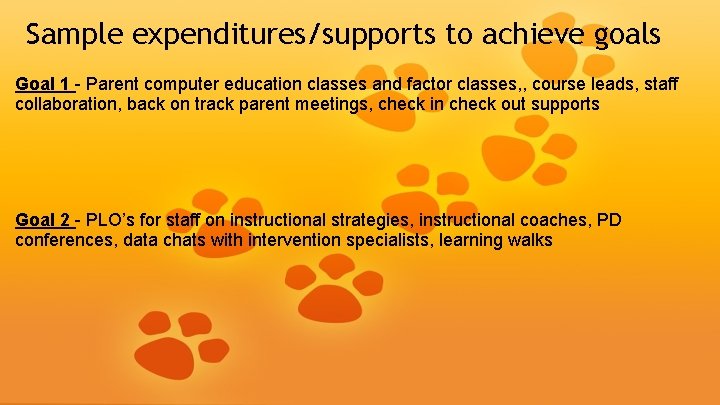 Sample expenditures/supports to achieve goals Goal 1 - Parent computer education classes and factor