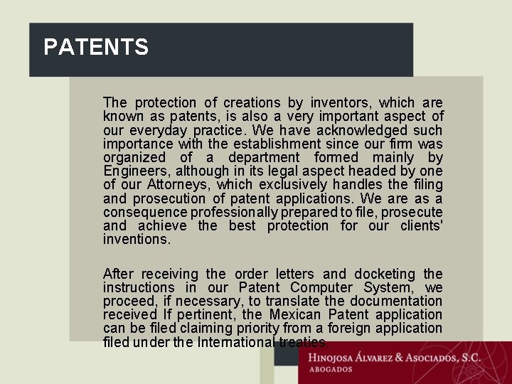 PATENTS The protection of creations by inventors, which are known as patents, is also