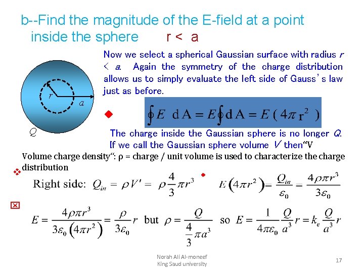 b--Find the magnitude of the E-field at a point inside the sphere r< a