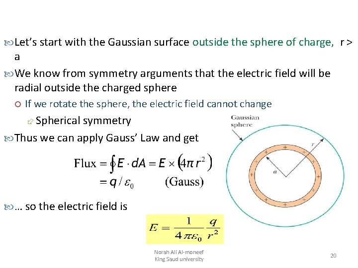  Let’s start with the Gaussian surface outside the sphere of charge, r >