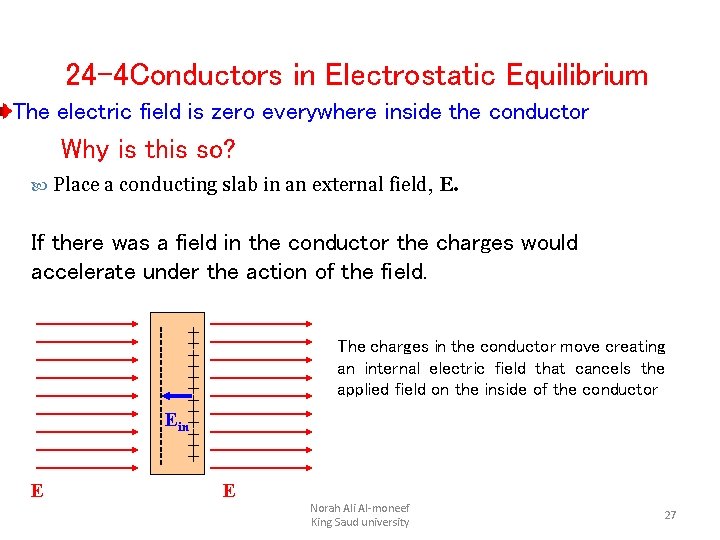24 -4 Conductors in Electrostatic Equilibrium The electric field is zero everywhere inside the
