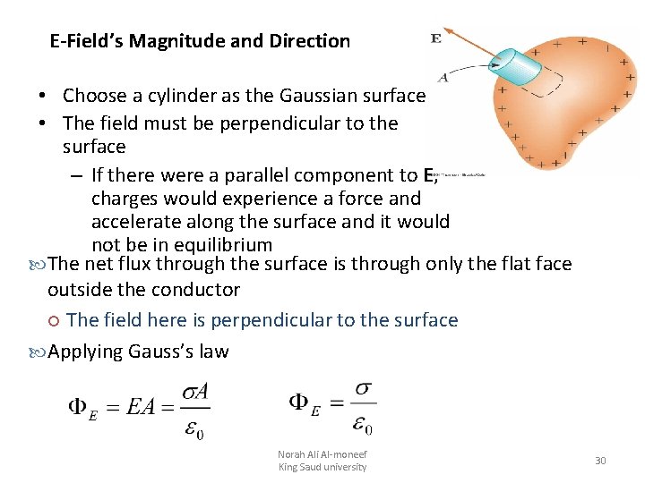 E-Field’s Magnitude and Direction • Choose a cylinder as the Gaussian surface • The