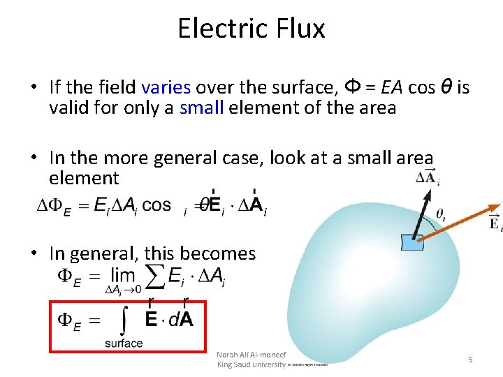 Electric Flux • If the field varies over the surface, Φ = EA cos