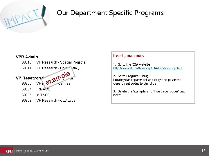 Our Department Specific Programs Insert your codes VPR Admin 60012 VP Research - Special Our Department Specific Programs Insert your codes VPR Admin 60012 VP Research - Special