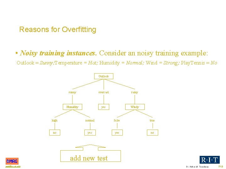 Reasons for Overfitting • Noisy training instances. Consider an noisy training example: Outlook =
