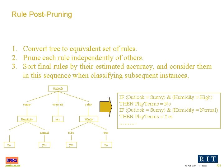 Rule Post Pruning 1. Convert tree to equivalent set of rules. 2. Prune each