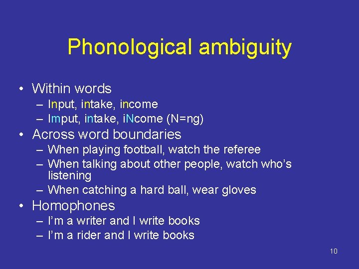 Phonological ambiguity • Within words – Input, intake, income – Imput, intake, i. Ncome
