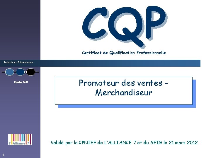 CQP Certificat de Qualification Professionnelle Industries Alimentaires Février 2012 Promoteur des ventes Merchandiseur Validé