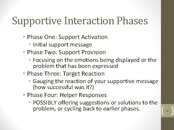 Supportive Interaction Phases • Phase One: Support Activation • Initial support message • Phase