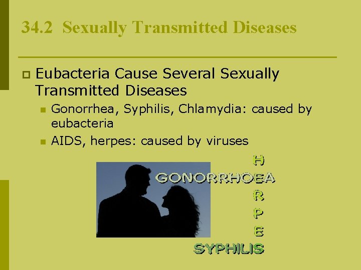 34. 2 Sexually Transmitted Diseases p Eubacteria Cause Several Sexually Transmitted Diseases n n