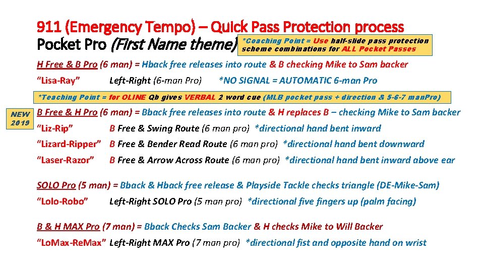 911 (Emergency Tempo) – Quick Pass Protection process Point = Use half-slide pass protection