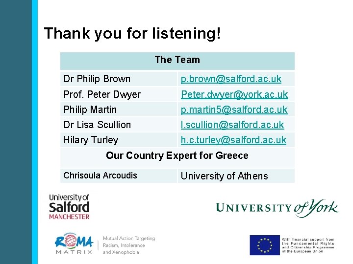 Thank you for listening! The Team Dr Philip Brown p. brown@salford. ac. uk Prof.