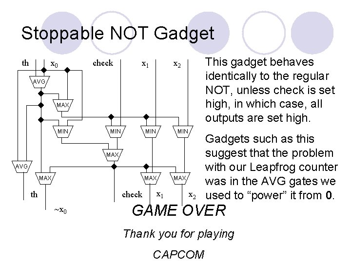 Stoppable NOT Gadget th x 0 check x 1 This gadget behaves identically to