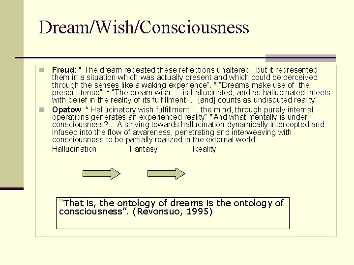 Dream/Wish/Consciousness Freud: * The dream repeated these reflections unaltered , but it represented them