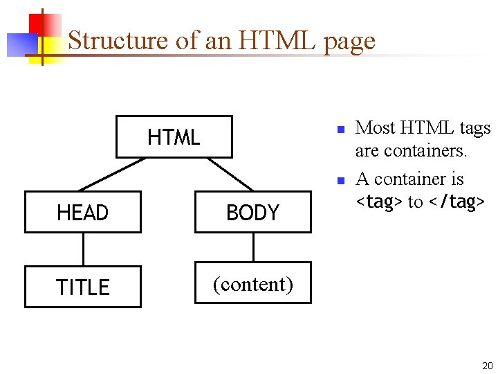 Structure of an HTML page n HTML n HEAD BODY TITLE (content) Most HTML