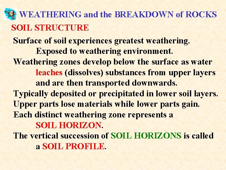 WEATHERING and the BREAKDOWN of ROCKS SOIL STRUCTURE Surface of soil experiences greatest weathering.
