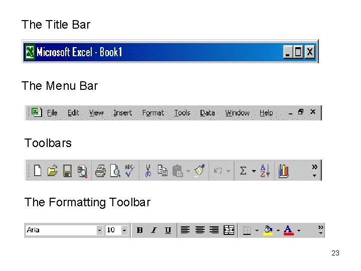 The Title Bar The Menu Bar Toolbars The Formatting Toolbar 23 
