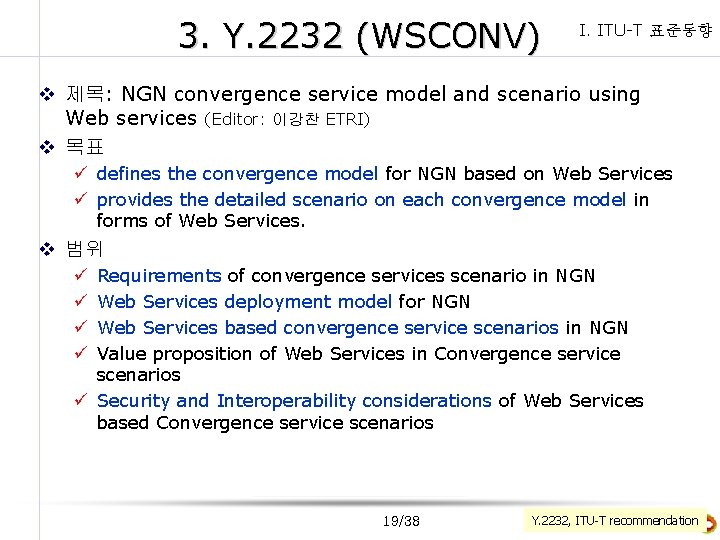 3. Y. 2232 (WSCONV) I. ITU-T 표준동향 v 제목: NGN convergence service model and