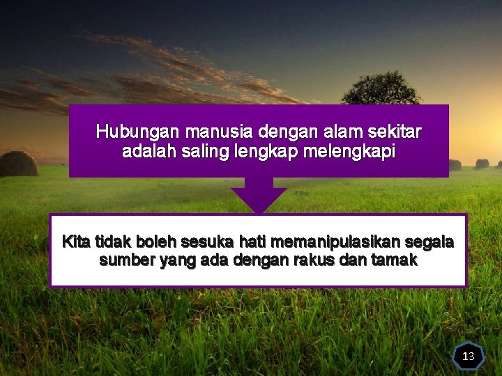 Hubungan manusia dengan alam sekitar adalah saling lengkap melengkapi Kita tidak boleh sesuka hati