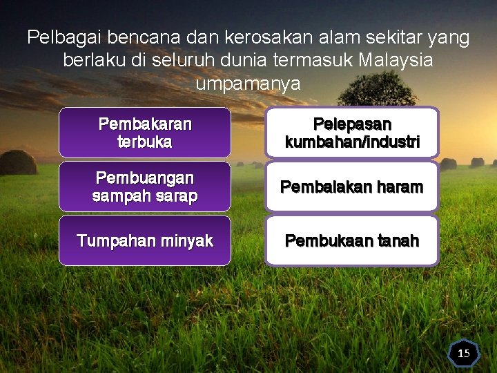 Pelbagai bencana dan kerosakan alam sekitar yang berlaku di seluruh dunia termasuk Malaysia umpamanya