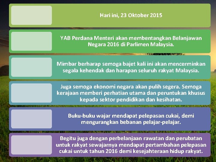 Hari ini, 23 Oktober 2015 YAB Perdana Menteri akan membentangkan Belanjawan Negara 2016 di