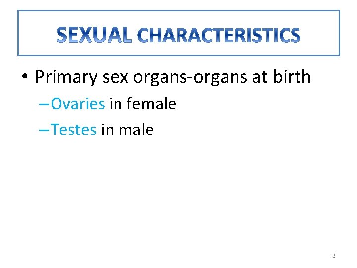  • Primary sex organs-organs at birth – Ovaries in female – Testes in