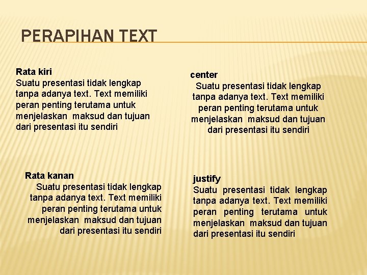 PERAPIHAN TEXT Rata kiri Suatu presentasi tidak lengkap tanpa adanya text. Text memiliki peran