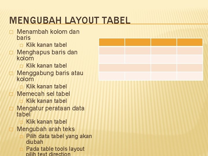 MENGUBAH LAYOUT TABEL � Menambah kolom dan baris � � Menghapus baris dan kolom