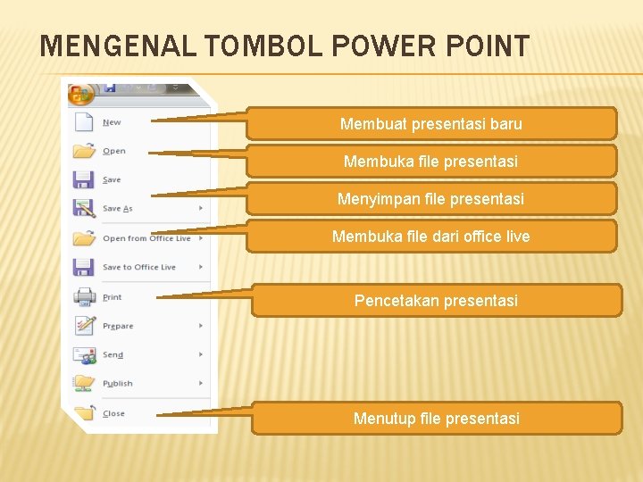 MENGENAL TOMBOL POWER POINT Membuat presentasi baru Membuka file presentasi Menyimpan file presentasi Membuka