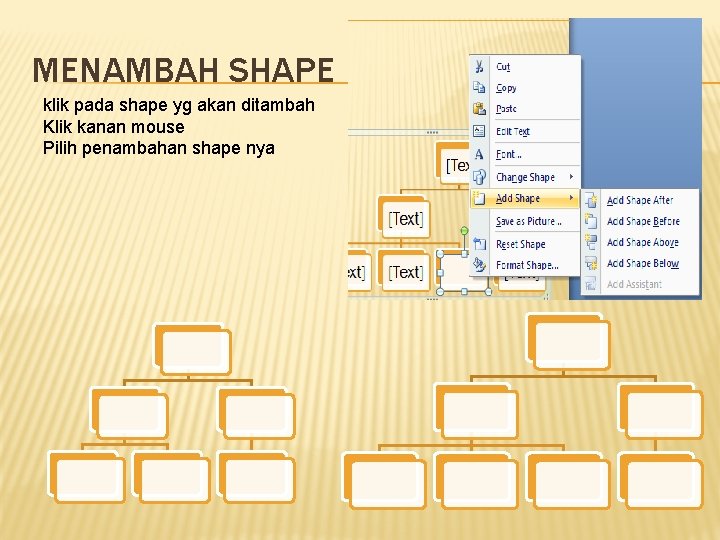 MENAMBAH SHAPE klik pada shape yg akan ditambah Klik kanan mouse Pilih penambahan shape