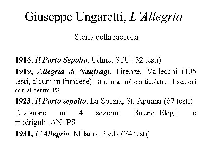 Giuseppe Ungaretti, L’Allegria Storia della raccolta 1916, Il Porto Sepolto, Udine, STU (32 testi)