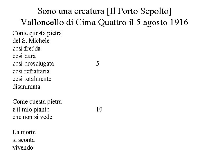 Sono una creatura [Il Porto Sepolto] Valloncello di Cima Quattro il 5 agosto 1916