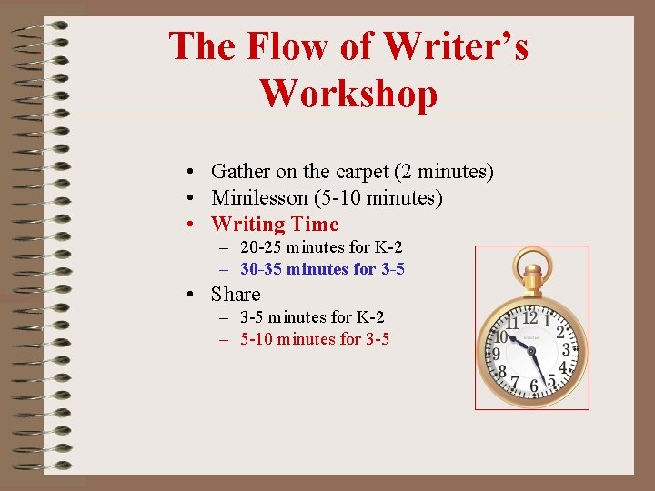 The Flow of Writer’s Workshop • Gather on the carpet (2 minutes) • Minilesson The Flow of Writer’s Workshop • Gather on the carpet (2 minutes) • Minilesson