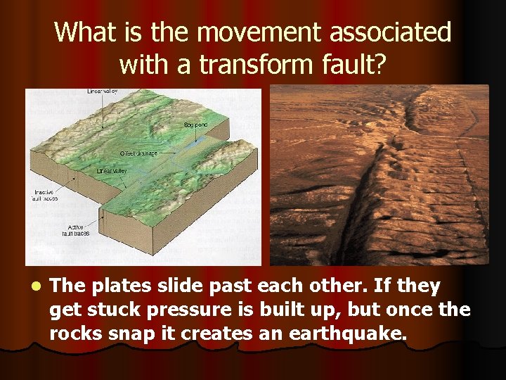 What is the movement associated with a transform fault? l The plates slide past