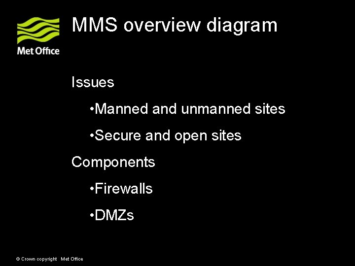 MMS overview diagram Issues • Manned and unmanned sites • Secure and open MMS overview diagram Issues • Manned and unmanned sites • Secure and open