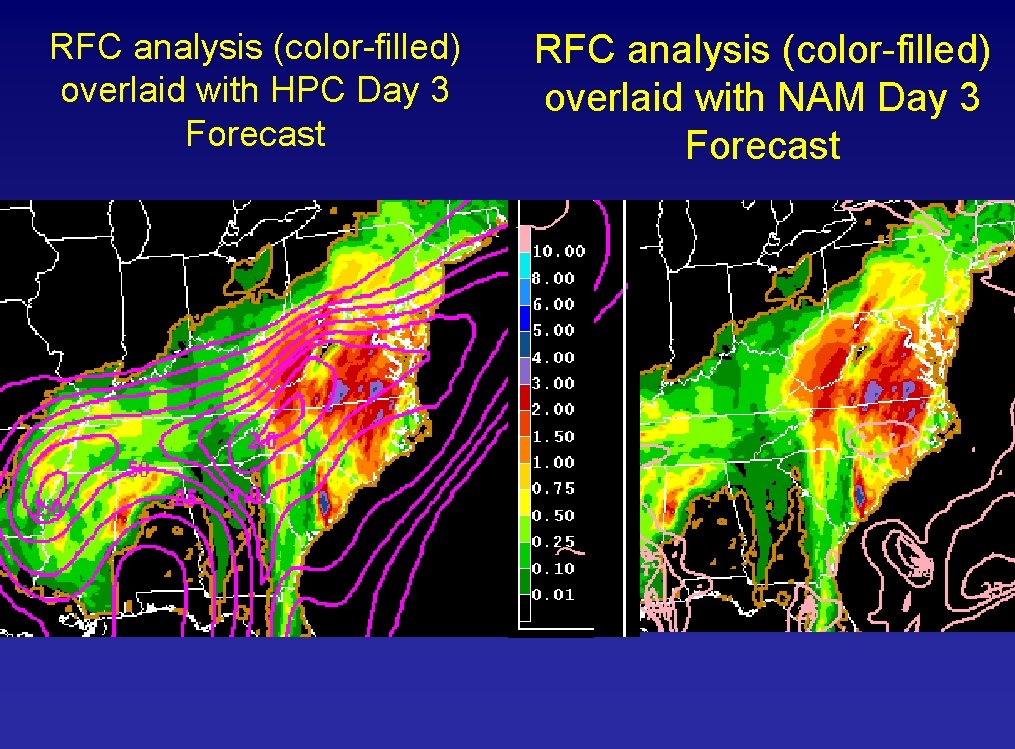 RFC analysis (color-filled) overlaid with HPC Day 3 Forecast RFC analysis (color-filled) overlaid with