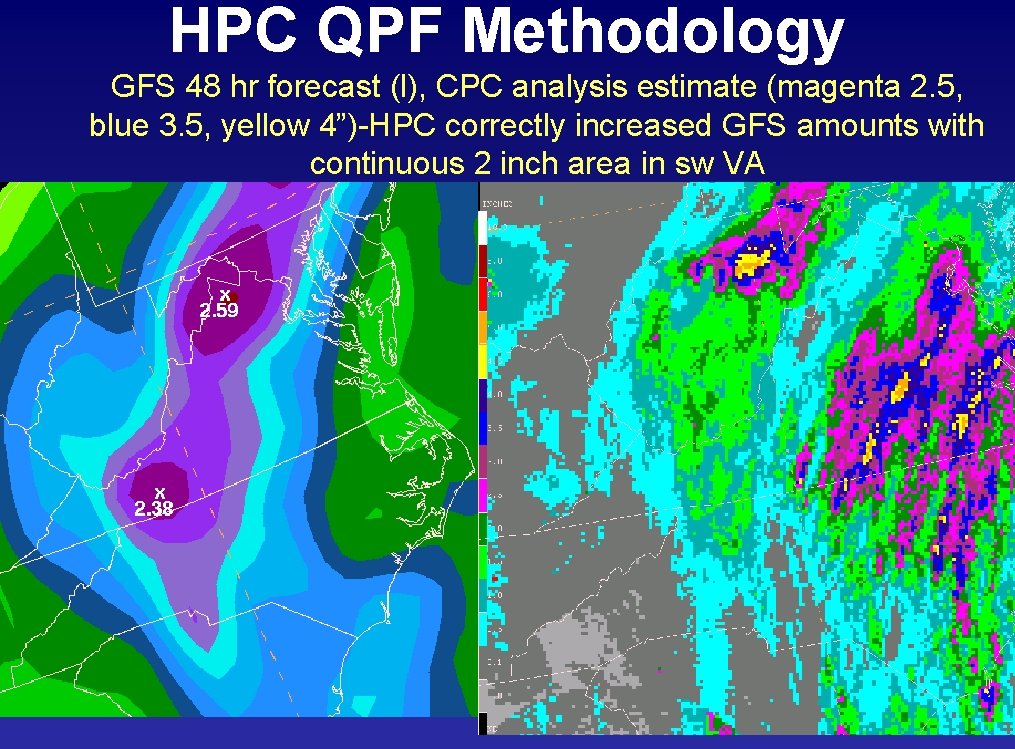 HPC QPF Methodology GFS 48 hr forecast (l), CPC analysis estimate (magenta 2. 5,