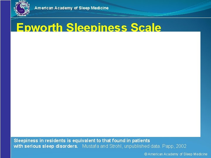 American Academy of Sleep Medicine Epworth Sleepiness Scale Sleepiness in residents is equivalent to