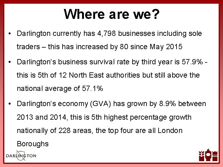 Where are we? • Darlington currently has 4, 798 businesses including sole traders –