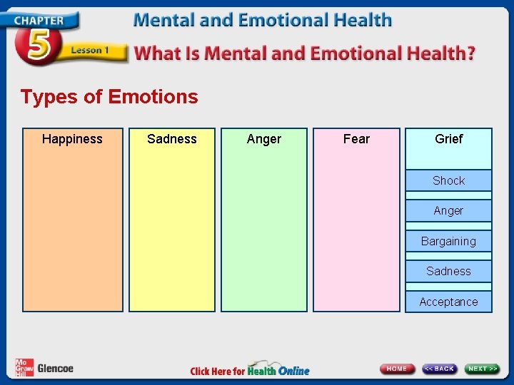 Types of Emotions Happiness Sadness Anger Fear Grief Shock Anger Bargaining Sadness Acceptance 